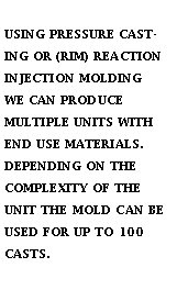 Text Box: USING PRESSURE CAST-ING OR (RIM) REACTIONINJECTION MOLDINGWE CAN PRODUCEMULTIPLE UNITS WITHEND USE MATERIALS.DEPENDING ON THECOMPLEXITY OF THEUNIT THE MOLD CAN BE USED FOR UP TO 100CASTS.